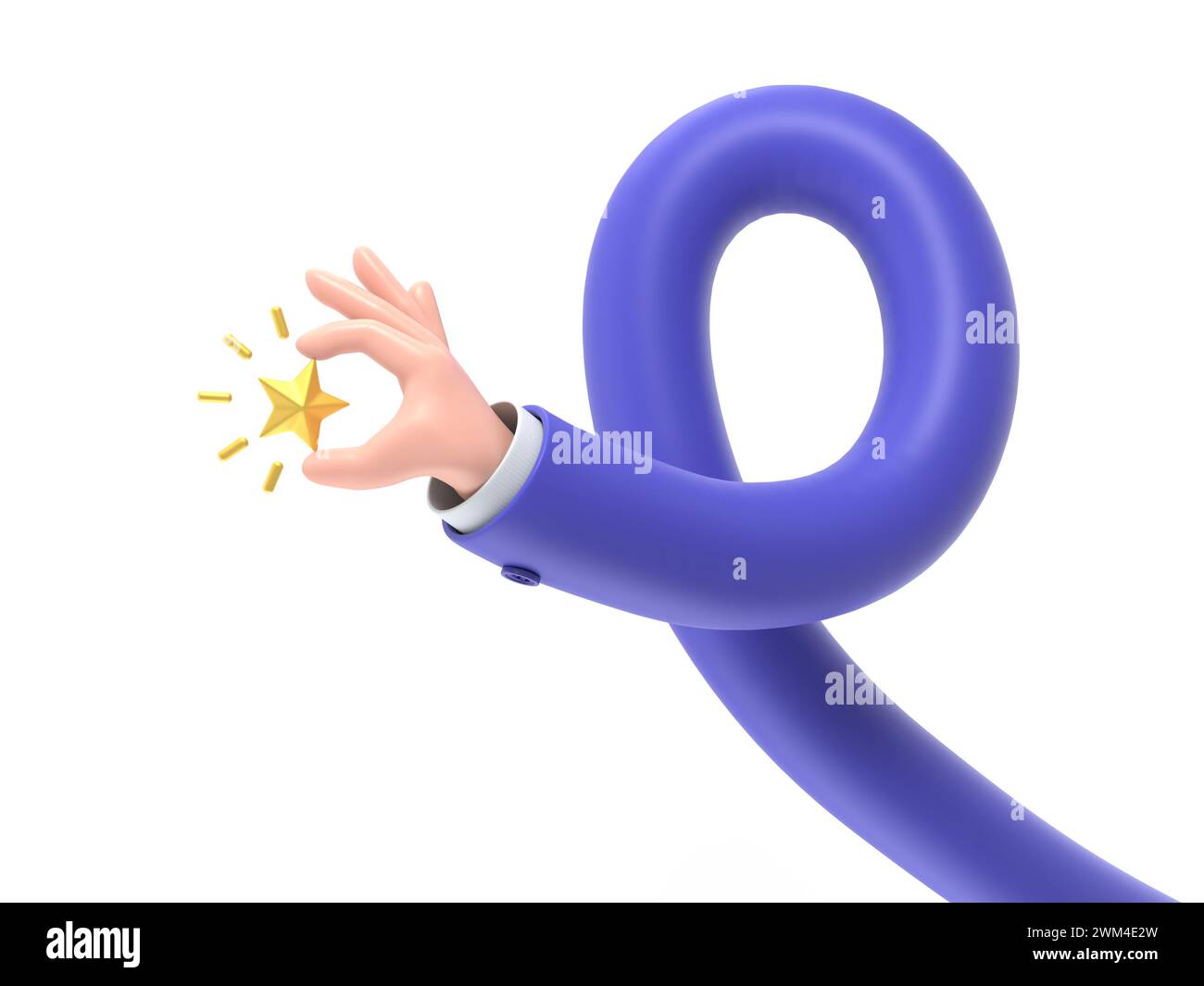 Icona dei gesti dei cartoni animati Mockup.icona a forma di stella della mano 3d.illustrazione positiva del tasso cliente in oro, rendering 3D su sfondo bianco.concetto di bracci lunghi. Foto Stock