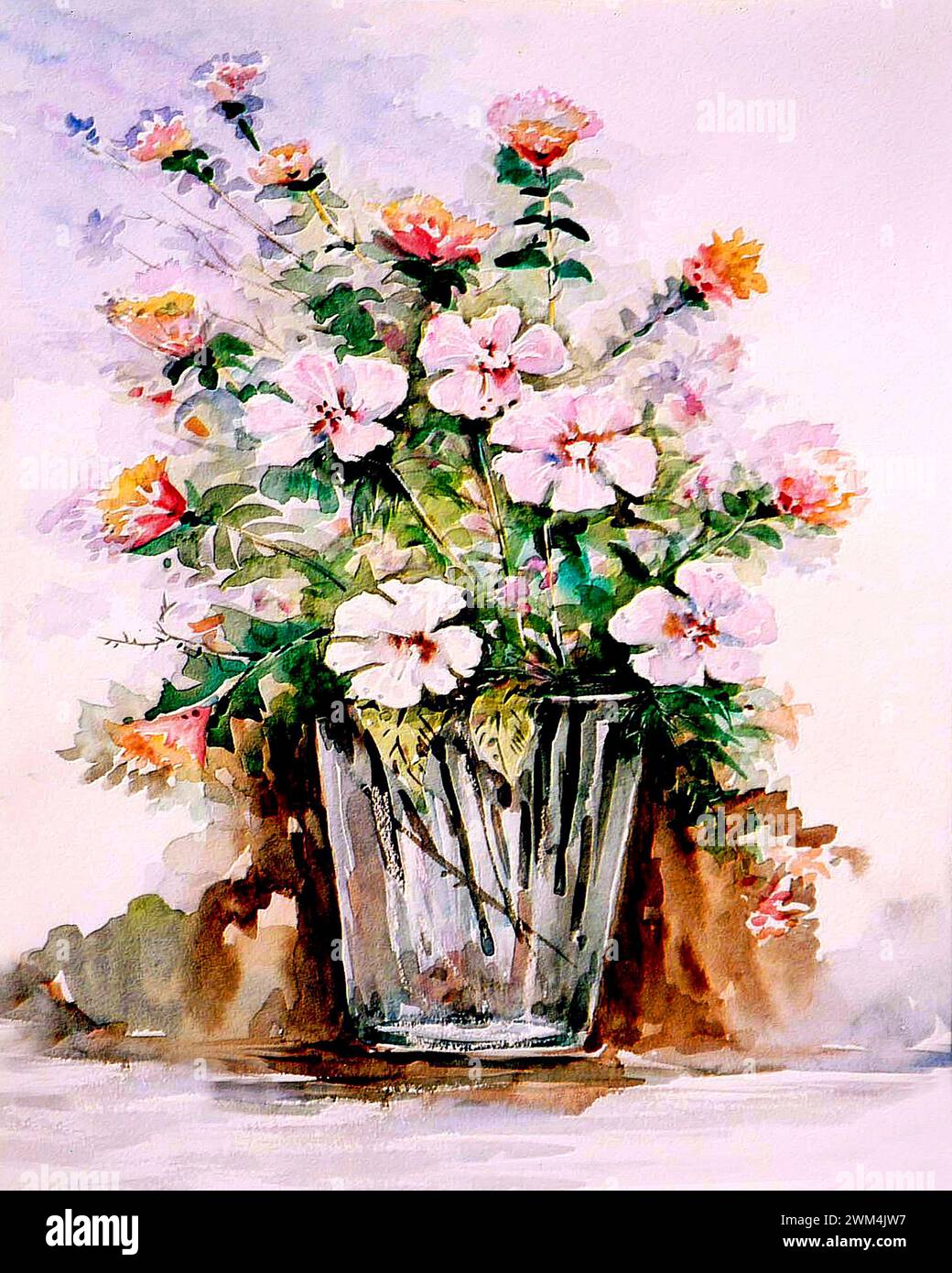 Sfondi a colori astratti per il design Arte pittura ad acquerello fiore in vaso Foto Stock