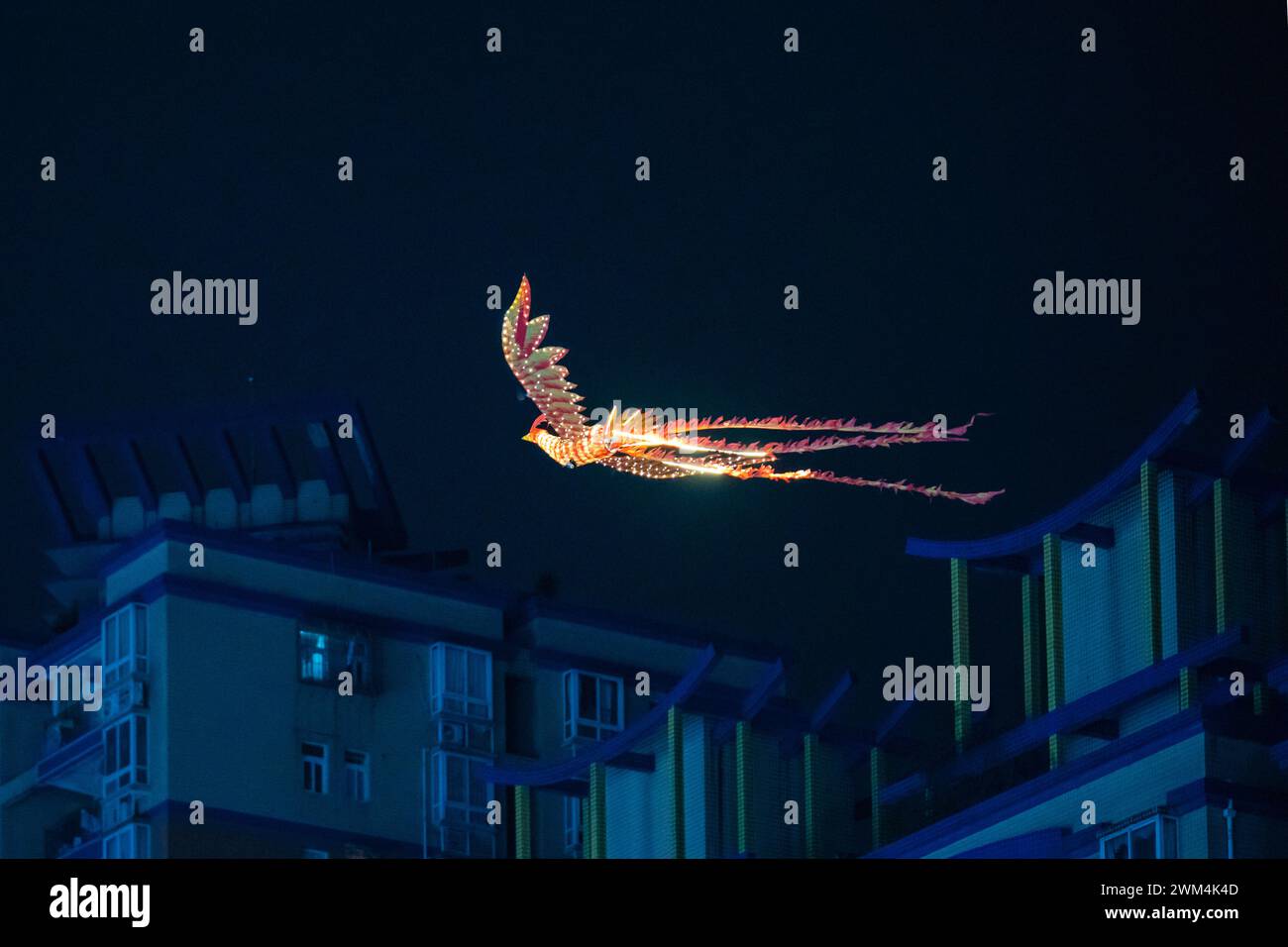 Chongqing, Cina. 23 febbraio 2024. I turisti stanno guardando uno spettacolo telecomandato del Double Phoenix Flying Performance, che è dotato di un gruppo di potenza, rilasciato da un artista in una piazza a Chongqing, in Cina, il 23 febbraio 2024. (Foto di Costfoto/NurPhoto) credito: NurPhoto SRL/Alamy Live News Foto Stock