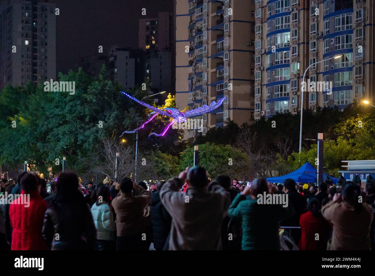 Chongqing, Cina. 23 febbraio 2024. I turisti stanno guardando uno spettacolo telecomandato del Double Phoenix Flying Performance, che è dotato di un gruppo di potenza, rilasciato da un artista in una piazza a Chongqing, in Cina, il 23 febbraio 2024. (Foto di Costfoto/NurPhoto) credito: NurPhoto SRL/Alamy Live News Foto Stock