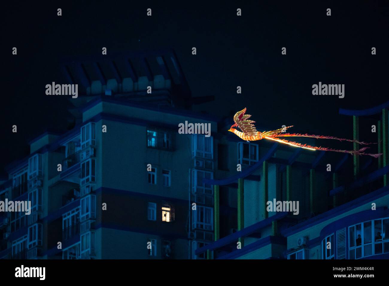 Chongqing, Cina. 23 febbraio 2024. I turisti stanno guardando uno spettacolo telecomandato del Double Phoenix Flying Performance, che è dotato di un gruppo di potenza, rilasciato da un artista in una piazza a Chongqing, in Cina, il 23 febbraio 2024. (Foto di Costfoto/NurPhoto) credito: NurPhoto SRL/Alamy Live News Foto Stock