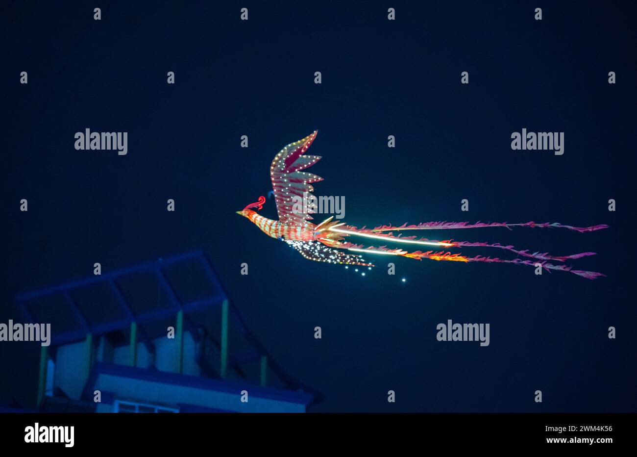 Chongqing, Cina. 23 febbraio 2024. I turisti stanno guardando uno spettacolo telecomandato del Double Phoenix Flying Performance, che è dotato di un gruppo di potenza, rilasciato da un artista in una piazza a Chongqing, in Cina, il 23 febbraio 2024. (Foto di Costfoto/NurPhoto) credito: NurPhoto SRL/Alamy Live News Foto Stock