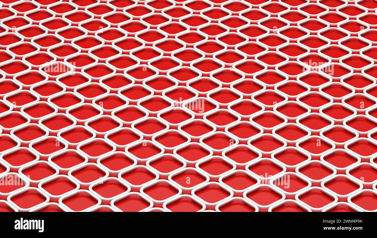 Griglia con motivo geometrico rosso bianco, disegno con mesh con smusso quadrato e disegno in 3d, rendering digitale Foto Stock