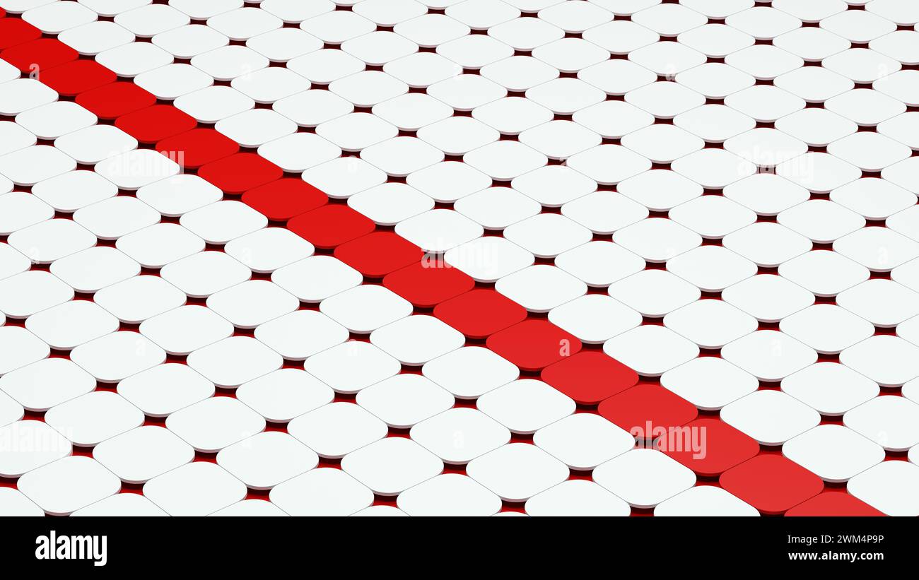 Griglia con motivo geometrico rosso bianco, smusso quadrato rotondo, striscia di design, illustrazione 3d, rendering digitale Foto Stock