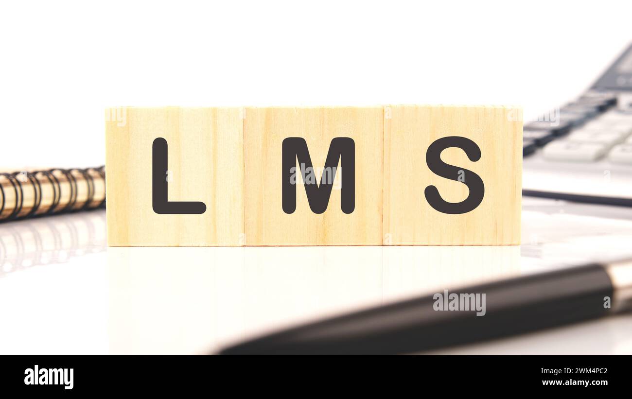 LMS (Learning Management System) su cubi di legno accanto a calcolatrice, penna, blocco note su sfondo bianco Foto Stock