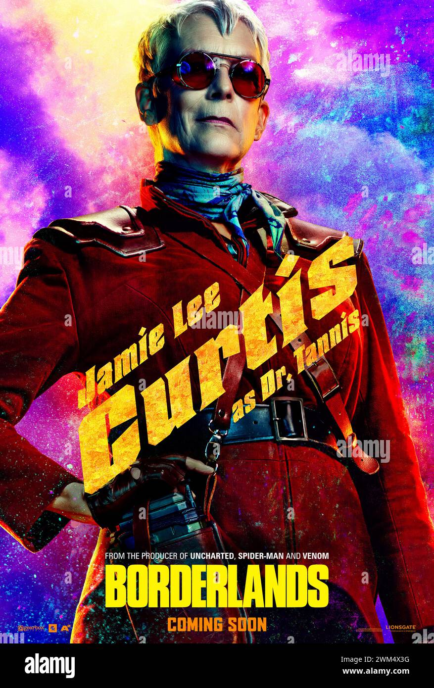 Borderlands (2024) diretto da Eli Roth e interpretato da Jamie Lee Curtis nel ruolo del Dr. Tannis in un grande schermo basato sul popolare videogioco ambientato sul pianeta abbandonato di Pandora, dove la gente cerca una misteriosa reliquia. Poster caratteri ***SOLO PER USO EDITORIALE***. Credito: BFA / Lionsgate Foto Stock