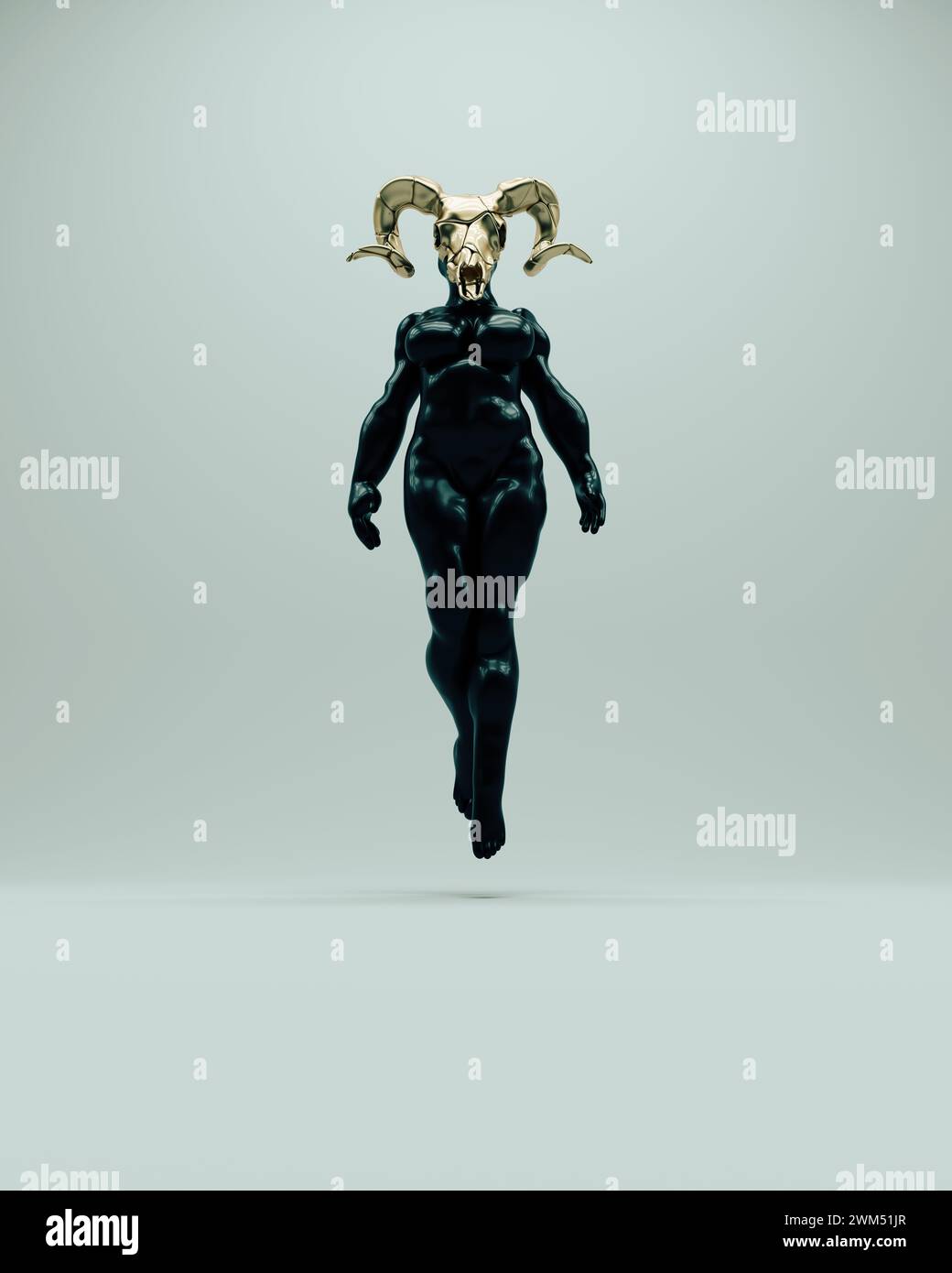 Teschio di RAM in oro nero femminile scultura voluttuosa astratta misteriosa posa del corpo di figure paranormali illustrazione 3d rendering digitale Foto Stock