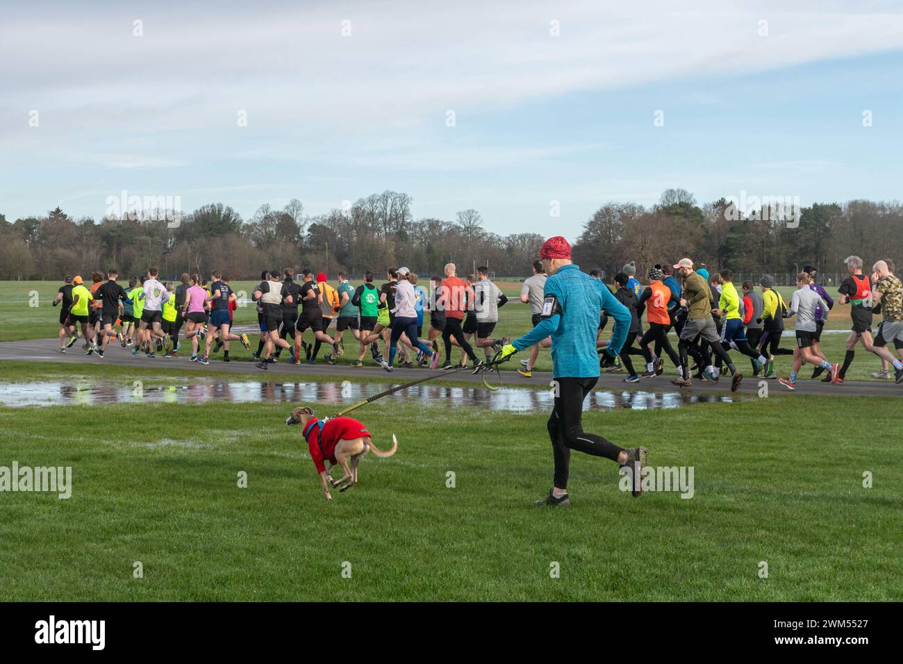 Persone che prendono parte a Rushmoor Parkrun, un evento regolare di sabato ad Aldershot, Hampshire, Inghilterra, Regno Unito, nel febbraio 2024 Foto Stock