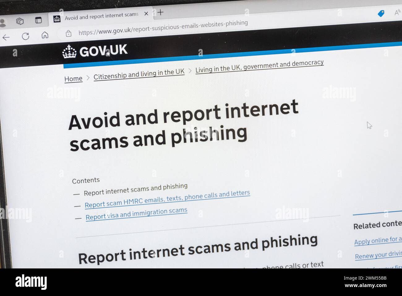 Sito Web Gov.uk che fornisce informazioni su come evitare e segnalare truffe e phishing su Internet Foto Stock