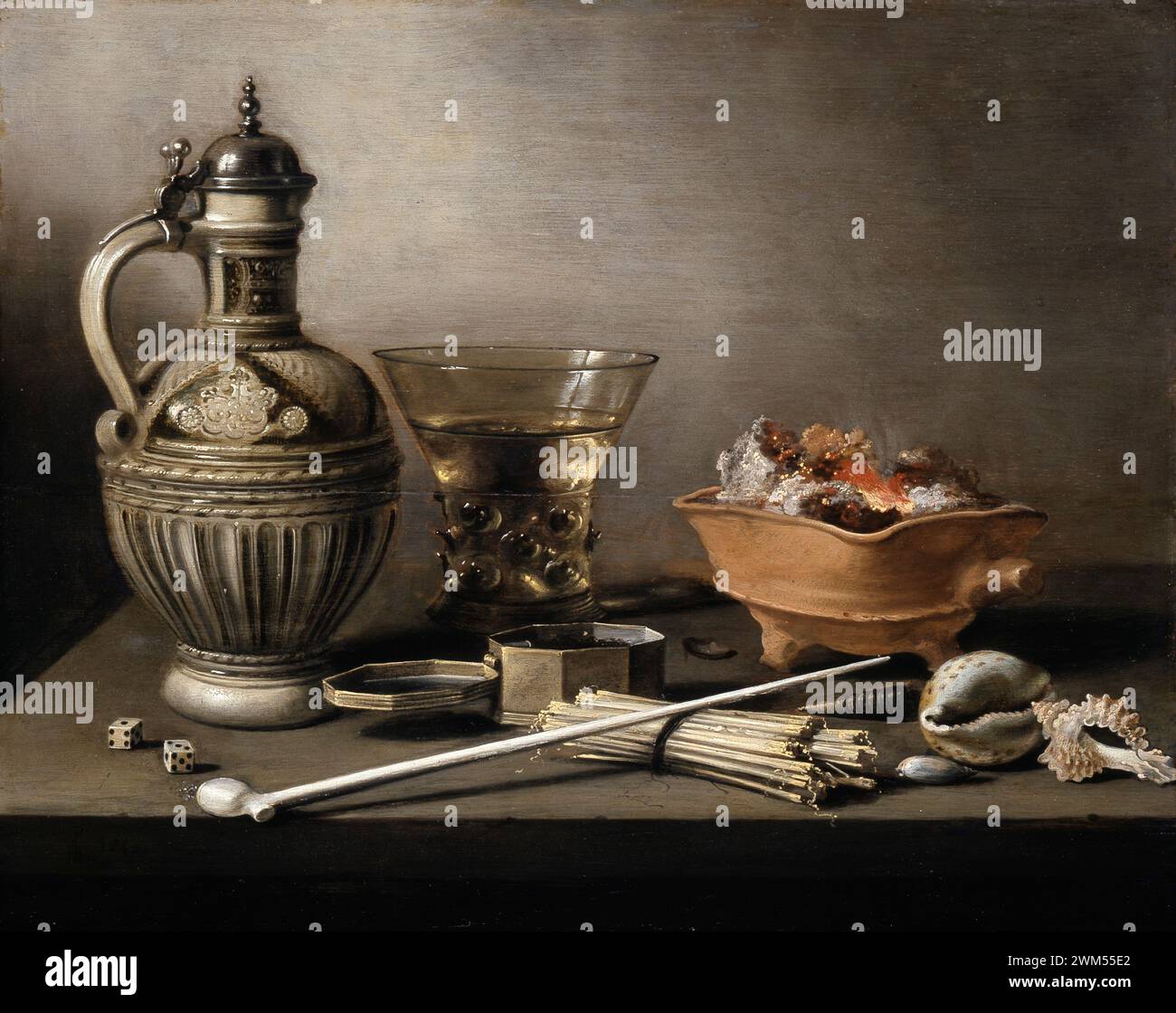 Natura morta con una caraffa in gres, Berkemeyer, e fumare... 1640 Pieter Claesz (BE) Foto Stock