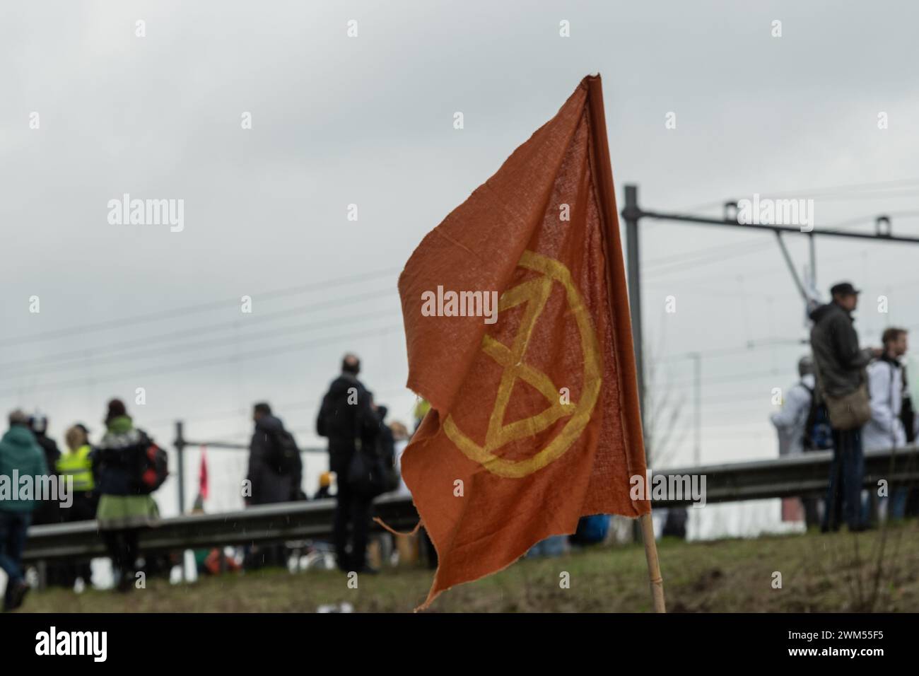 Amsterdam, Paesi Bassi. 24 febbraio 2024. Gli attivisti della ribellione per l'estinzione conducono il blocco A10 per protestare contro il finanziamento dell'industria dei combustibili fossili da parte di ING. I manifestanti chiudono la strada principale nel centro della città per sensibilizzare l'opinione pubblica sulle preoccupazioni ambientali. Crediti: Drew McArthur/Alamy Live News Foto Stock