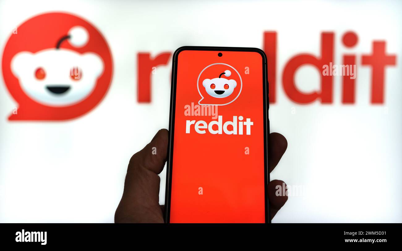 Il logo dell'azienda di notizie sociali Reddit viene visualizzato su uno smartphone Foto Stock