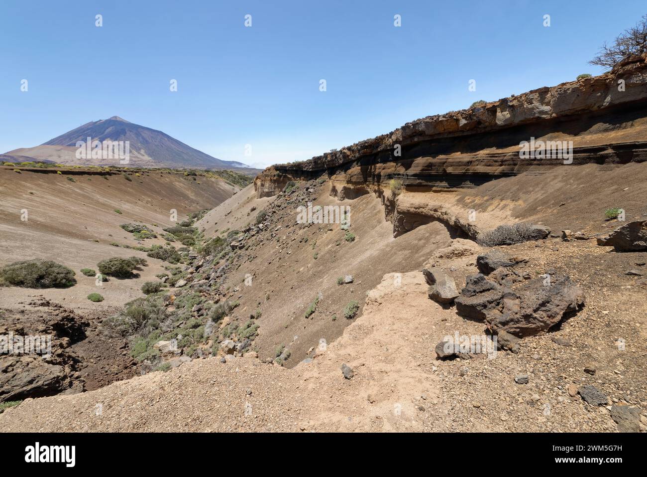 Un gulley eroso tra il Montana El Cerrillar e il Montana de las Arenas Negras attraverso lava e cenere vulcanica sotto il Monte Teide, Tenerife, Isole Canarie Foto Stock