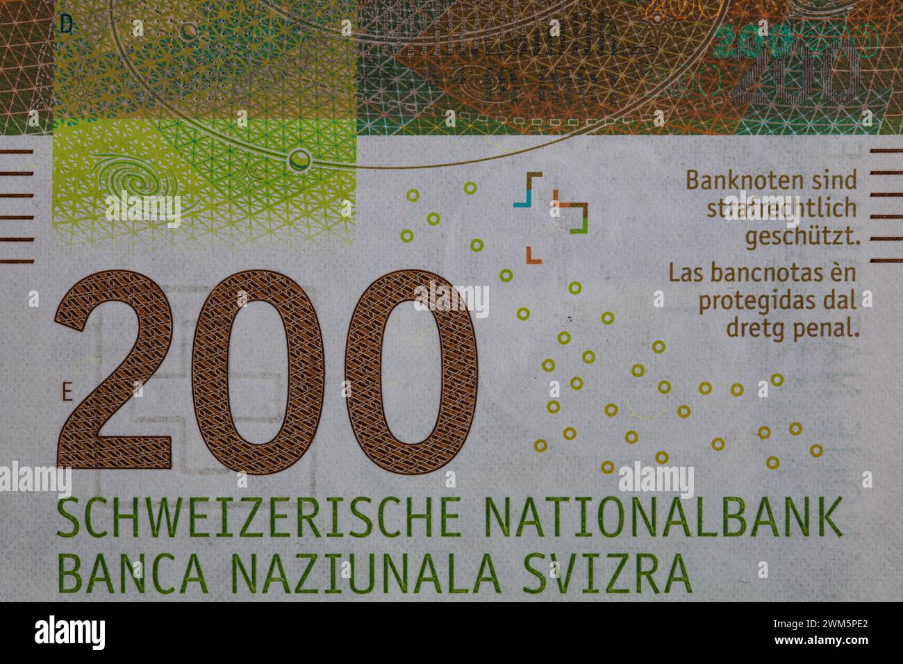 Primo piano di una banconota da 200 franchi svizzeri a scopo di progettazione Foto Stock