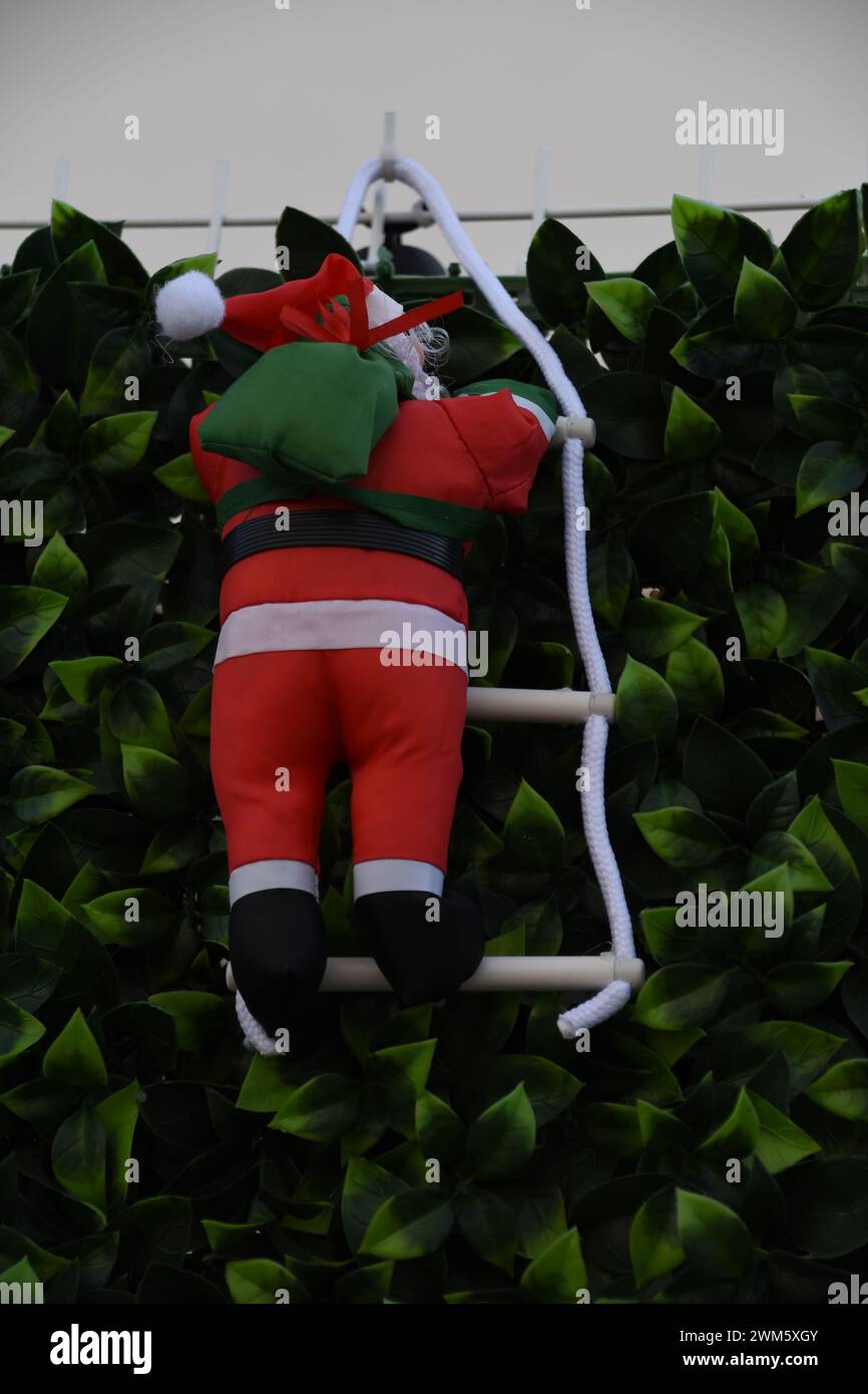 Père Noel Grimpant sur une échelle, Faro, Portogallo Foto Stock