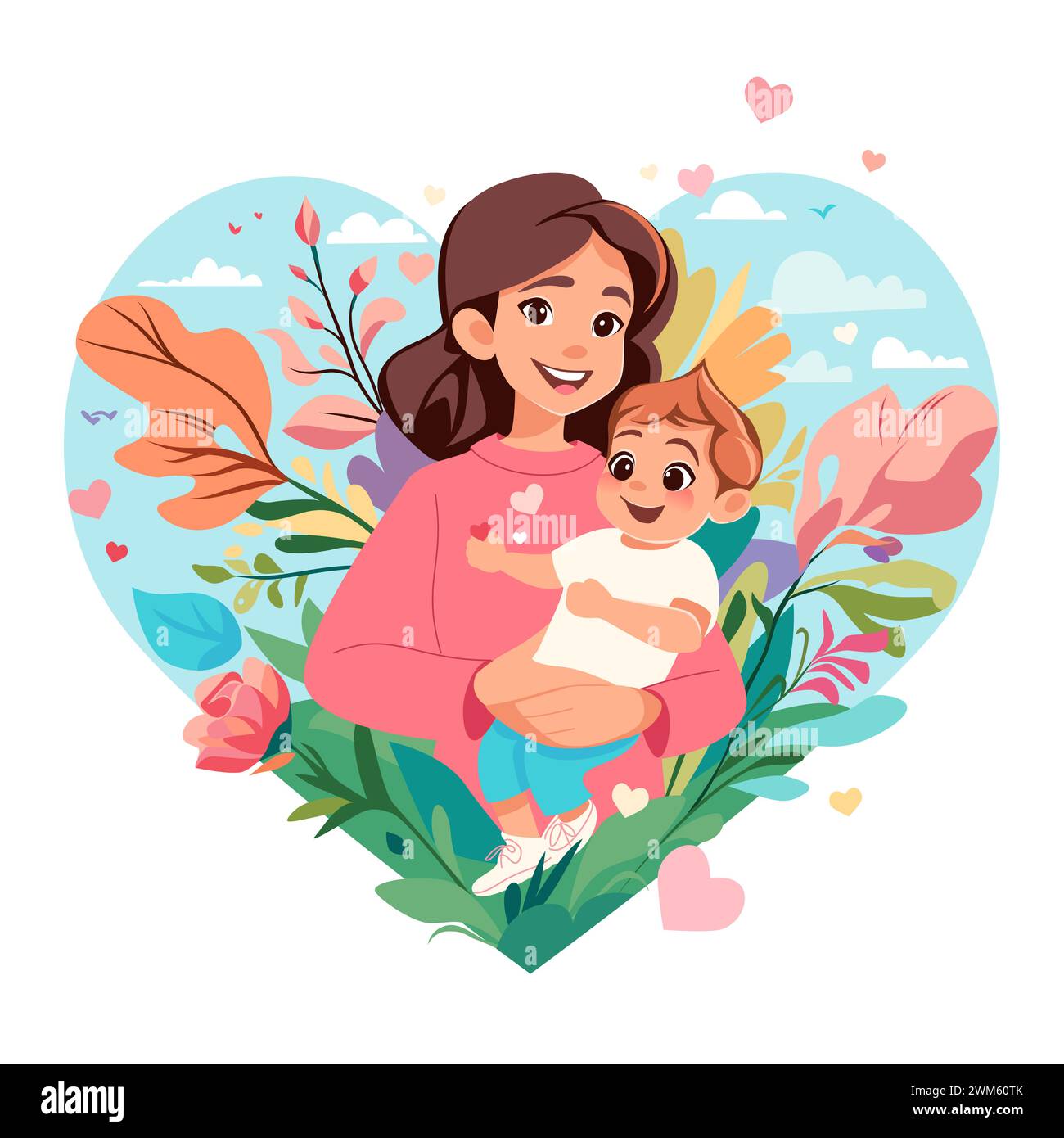 Mamma felice con bambino piccolo circondato da fiori a forma di cuore. Illustrazione piatta vettoriale Illustrazione Vettoriale