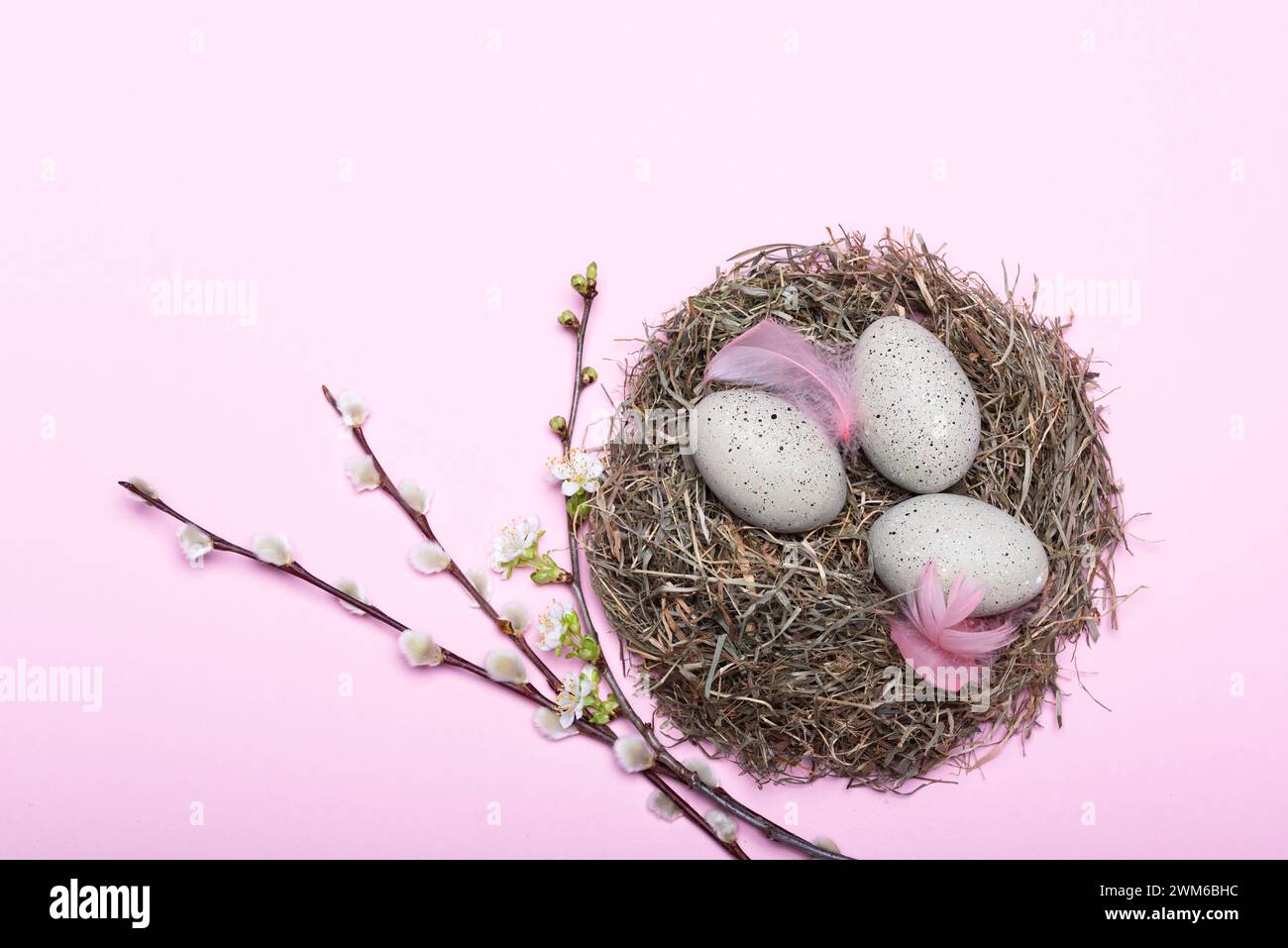 Nido mit gepunkteten Ostereiern und Blütendekoration vor pinkem Hintergrund *** nido con uova di Pasqua punteggiate e decorazioni floreali su sfondo rosa Foto Stock