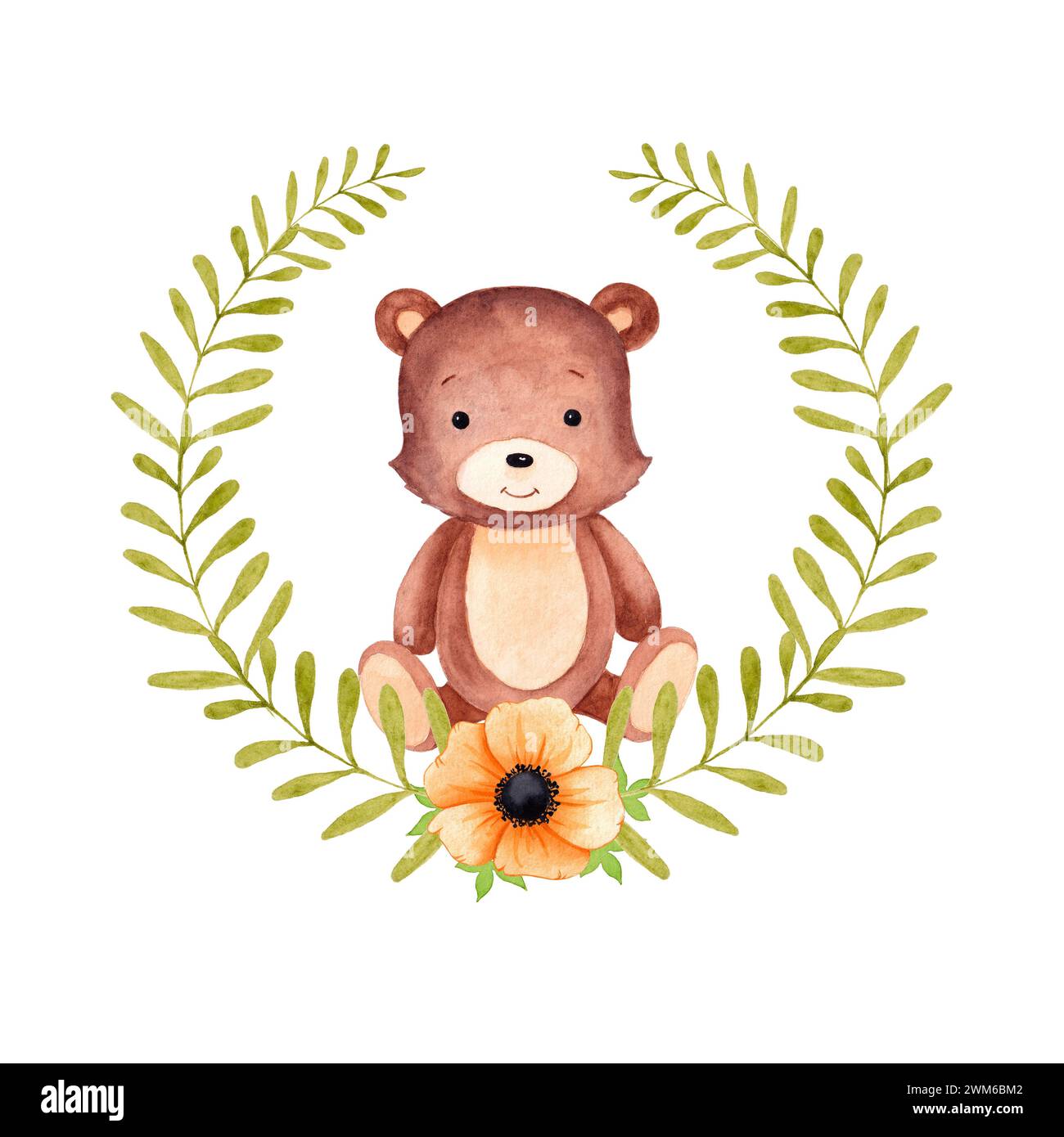 Orso boschivo con cornice floreale. Illustrazione della nursery disegnata a mano ad acquerello. isolato su sfondo bianco Foto Stock