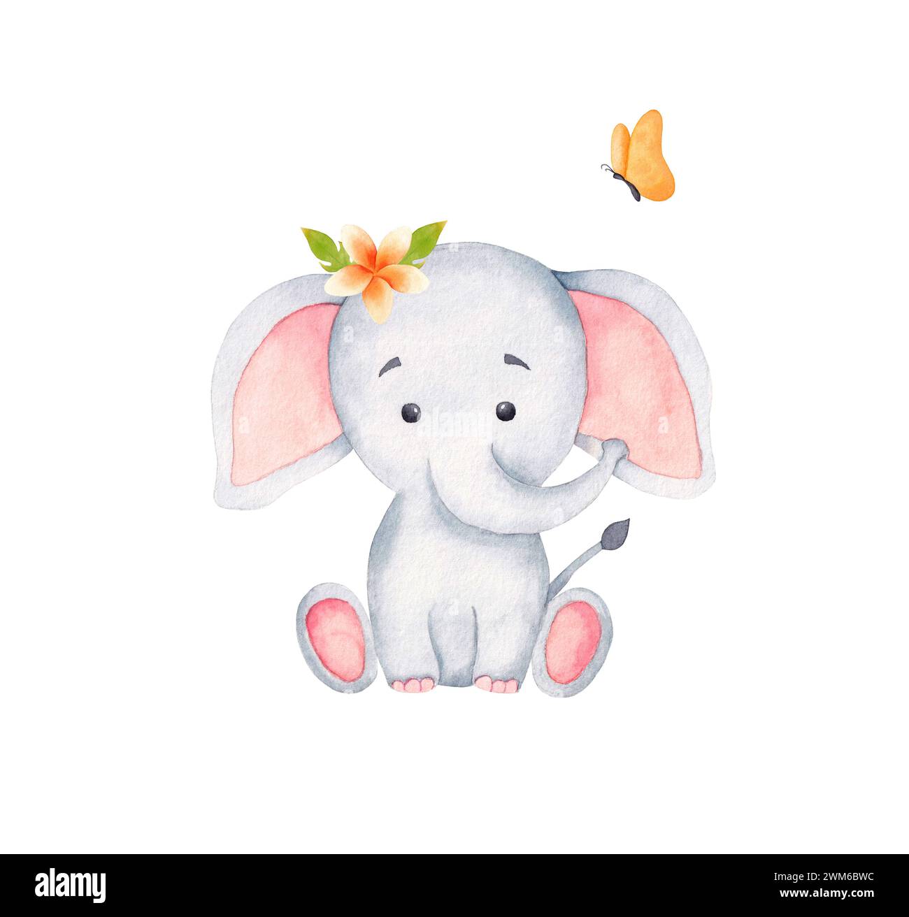 Carino elefante bambino. Illustrazione disegnata a mano con acquerello, isolata su sfondo bianco. Feste africane per bambini. Foto Stock