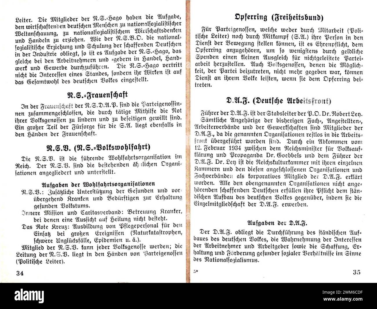 Beppo Bässler - Aufbau und Abzeichen der NSDAP SA SS HJ po NSBO DAF 1934 - 34-35 NS-Frauenschaft NSV Wolkswohlfahrt Opferring Freiheitsbund DAF Deutsche Arbeitsfront (struttura del partito nazista insegne uniformi. Opuscolo di propaganda) Nessuna copia. Foto Stock