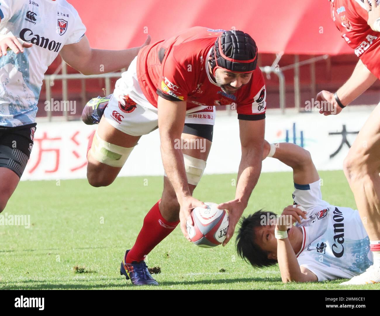 Tokyo, Giappone. 24 febbraio 2024. Toshiba Brave Lupus Tokyo No.8 Micahel Leitch porta la palla durante una partita di Japan Rugby League One contro gli Yokohama Canon Eagles allo stadio Prince Chichibu di Tokyo sabato 24 febbraio 2024. Brave Lupus sconfisse gli Eagles 27-7. (Foto di Yoshio Tsunoda/AFLO) Foto Stock