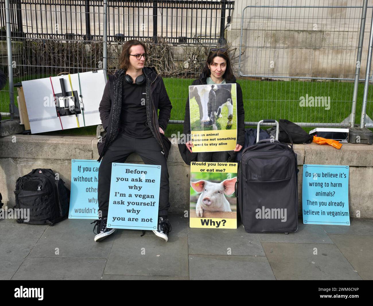 Londra, Regno Unito. 24 febbraio 2024. Un piccolo gruppo di vegani protesta contro l'uccisione di animali di fronte alla National Gallery di Trafalgar Square. Crediti: Uwe Deffner/Alamy Live News Foto Stock