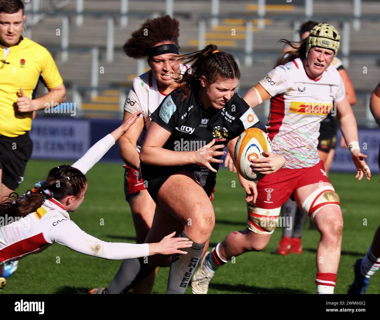 Exeter, Devon, Regno Unito. 24 febbraio 2024. Allianz Premiership Women's Rugby: Exeter Chiefs vs Harlequins at Sandy Park, Exeter, Devon, Regno Unito. Nella foto: DaLeaka Menin segna la prima meta dei Chiefs. Crediti: Nidpor/Alamy Live News Foto Stock