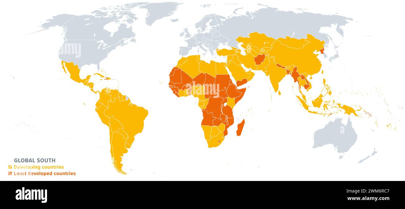 La mappa del mondo politico del Sud del mondo, che mostra i paesi o i territori in via di sviluppo evidenziati in giallo, i paesi meno sviluppati in arancione. Foto Stock