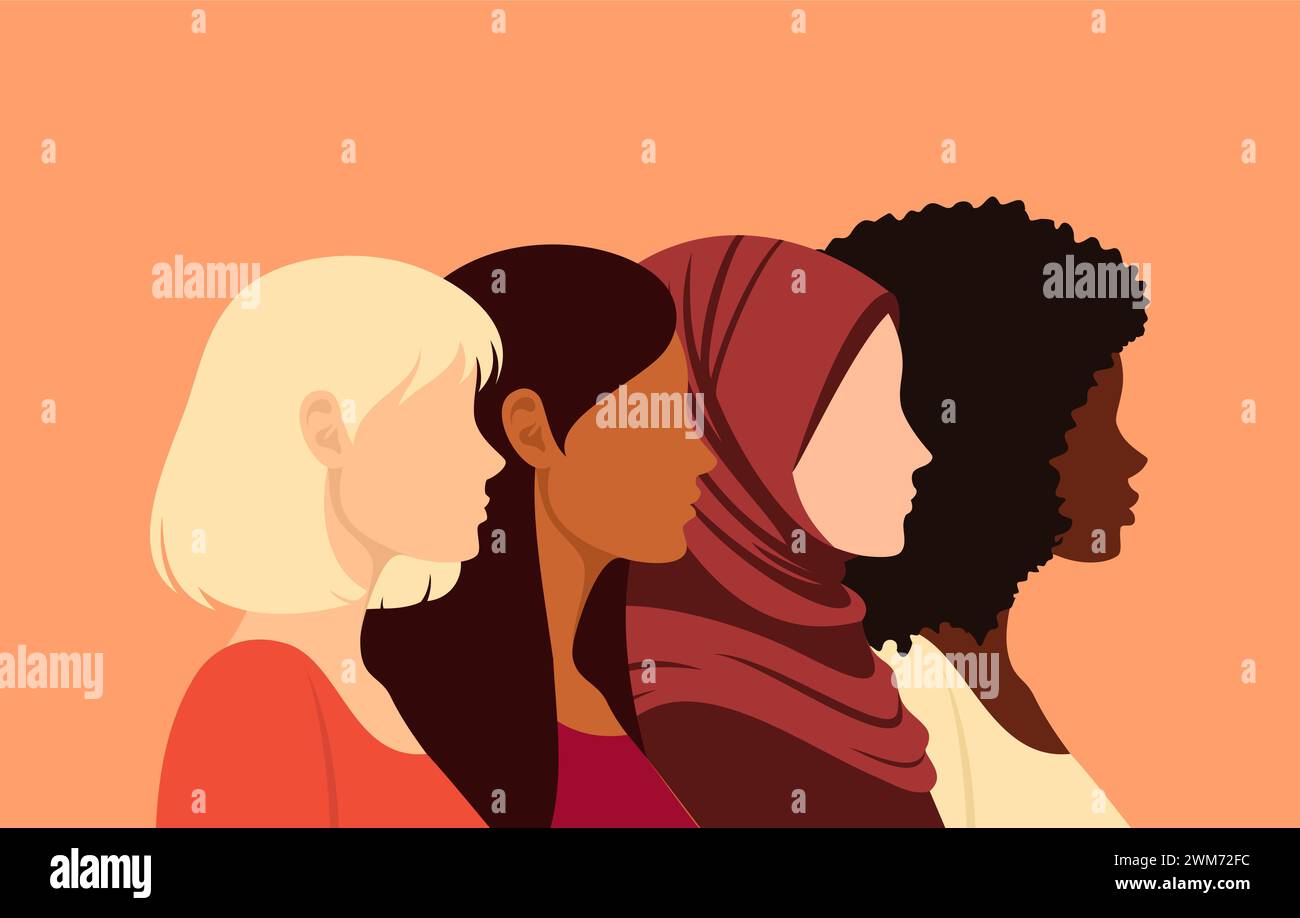 Donne di diverse etnie, tonalità della pelle e colori dei capelli che si uniscono in fila, vista laterale. Illustrazione vettoriale in stile piatto Illustrazione Vettoriale