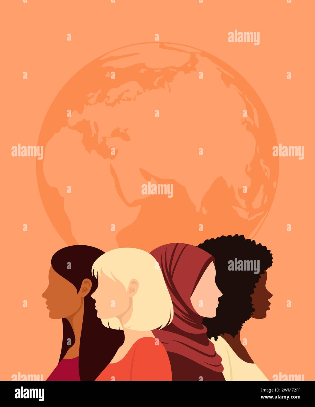 Donne di diverse etnie, tonalità della pelle e colori dei capelli che stanno insieme al globo terrestre sullo sfondo. Illustrazione vettoriale in stile piatto Illustrazione Vettoriale