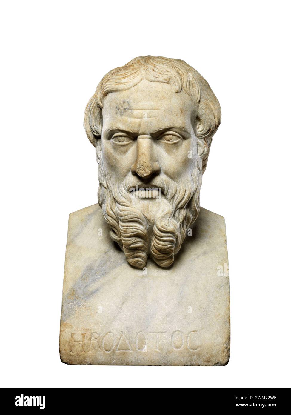 Erodoto. Busto in marmo dello storico e geografo greco, Erodoto (c. 484 – c. 425 a.C.), copia romana, II secolo d.C. In mostra al Met, New York Foto Stock