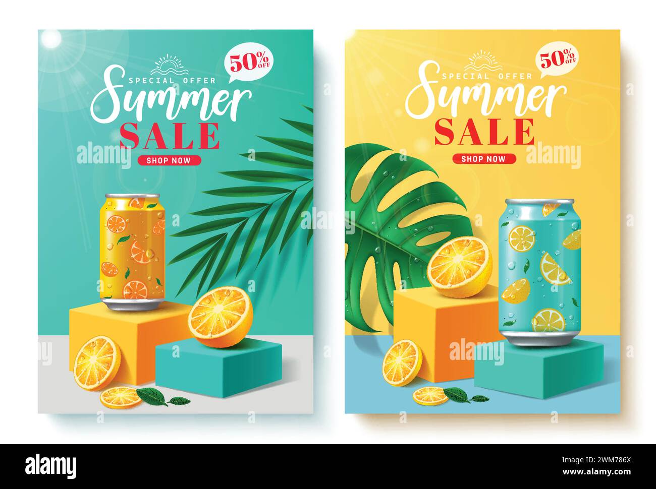 Set di poster vettoriali per la vendita estiva. Promozione speciale offerta estiva sconto promozionale con bevande analcoliche al sapore di arancia sul palco del podio per la stagione tropicale Illustrazione Vettoriale