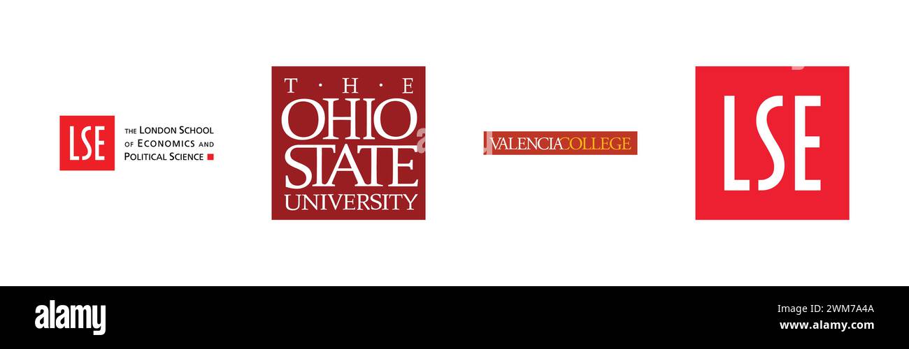 Valencia College, London School of Economics and Political Science, LSE, Ohio State University Block, famosa collezione di logo del marchio. Illustrazione Vettoriale