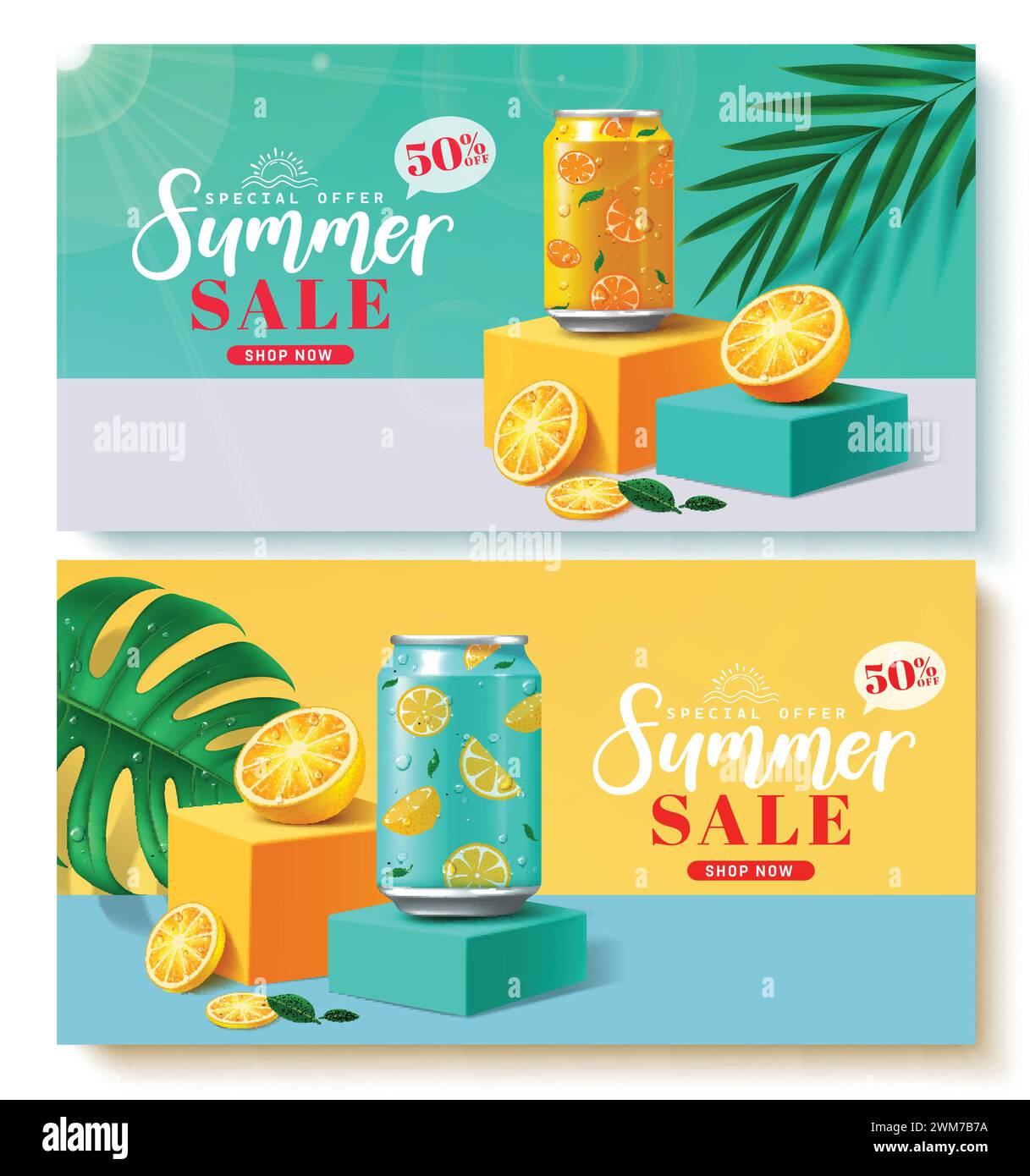 Set di banner vettoriali di testo per la vendita estiva. Offerta promozionale speciale offerta estiva con bevande al gusto di arancia soda in palcoscenico di presentazione del prodotto per le vacanze Illustrazione Vettoriale