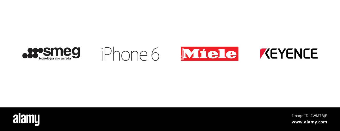 Miele, iPhone 6, KEYENCE, Smeg, famosa collezione di logo del marchio. Illustrazione Vettoriale