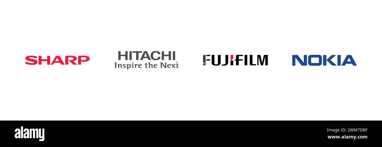 Nokia, Fujifilm, Hitachi, Sharp, famosa collezione di logo del marchio. Illustrazione Vettoriale