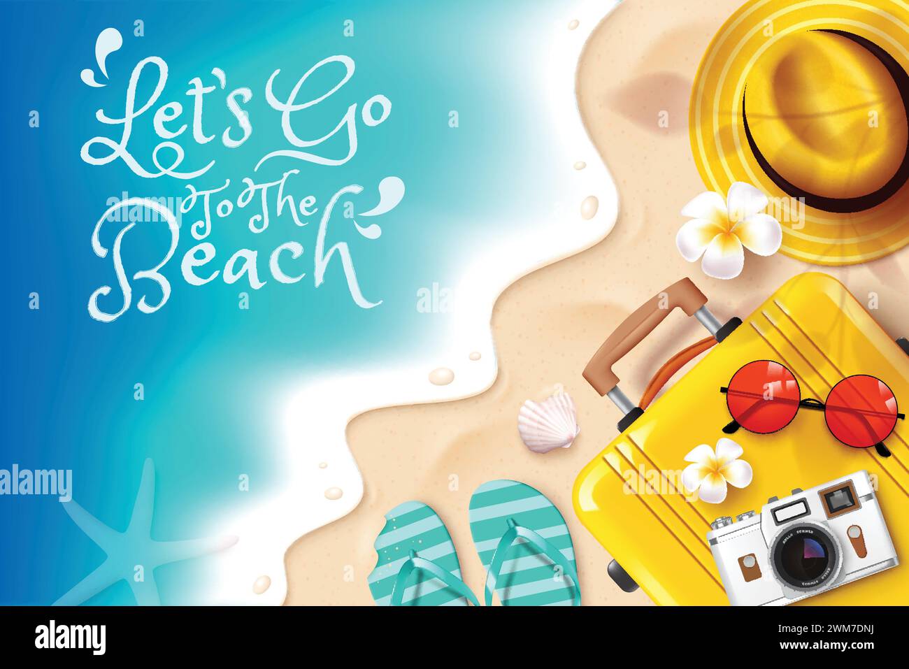 Design vettoriale per la spiaggia estiva. Andiamo al testo di saluto sulla spiaggia con bagagli, cappello, infradito, occhiali da sole ed elementi della fotocamera sullo sfondo della spiaggia Illustrazione Vettoriale
