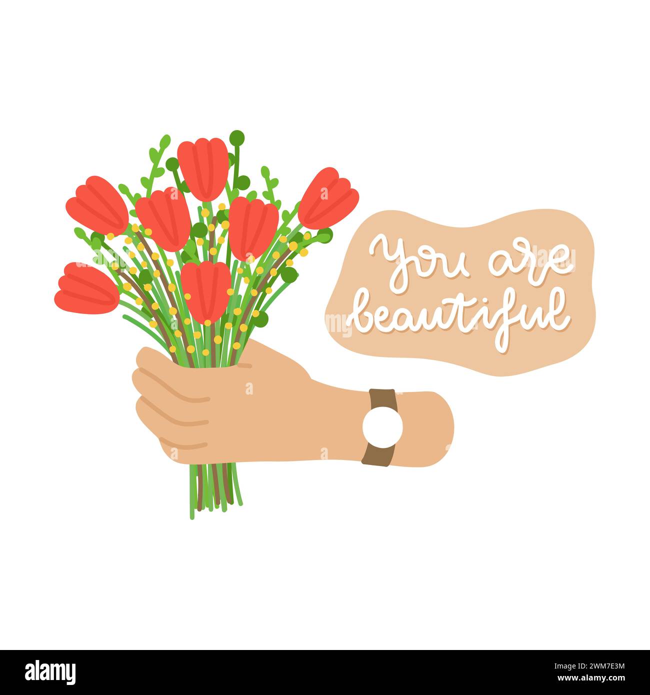 Icona della mano che regge il bouquet con tulipani. Elemento cartoni animati piatto disegnato a mano. Illustrazione vettoriale Illustrazione Vettoriale