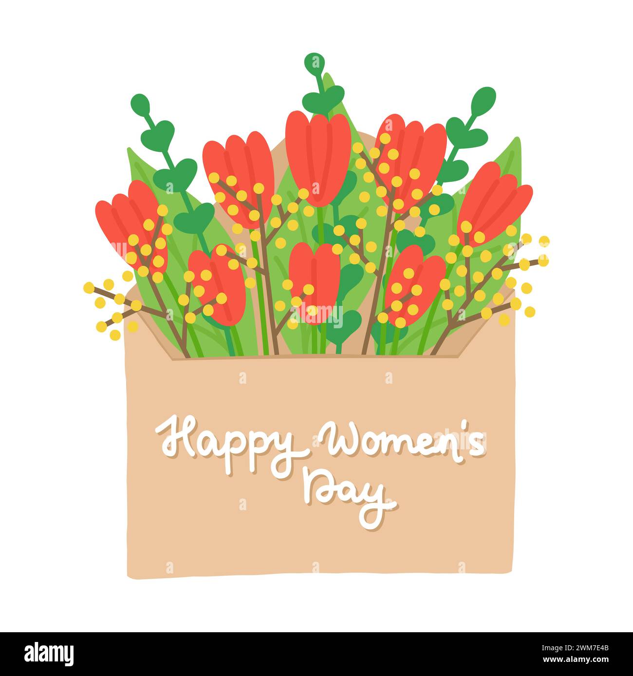 Busta con tulipani rossi per la giornata internazionale della donna. Elemento cartoni animati piatto disegnato a mano. Illustrazione vettoriale Illustrazione Vettoriale