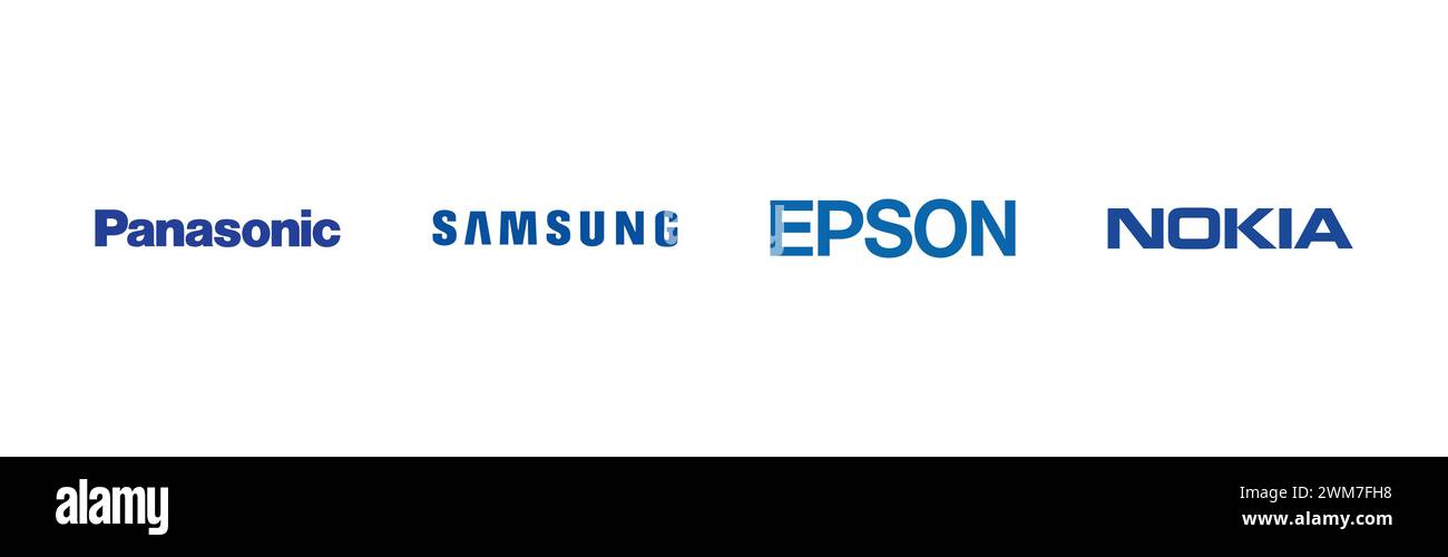 Nokia, Epson, Panasonic, Samsung, la famosa collezione di logo del marchio. Illustrazione Vettoriale
