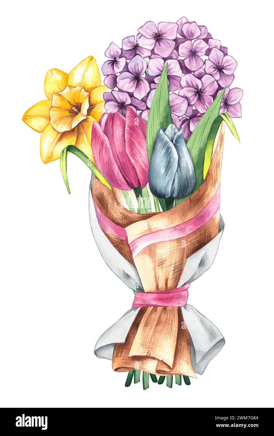 Bouquet di acquerelli primaverili con tulipani, ortensie, narcisi in confezioni di carta. Primavera isolata con bouquet di fiori disegnato a mano su sfondo bianco per Foto Stock