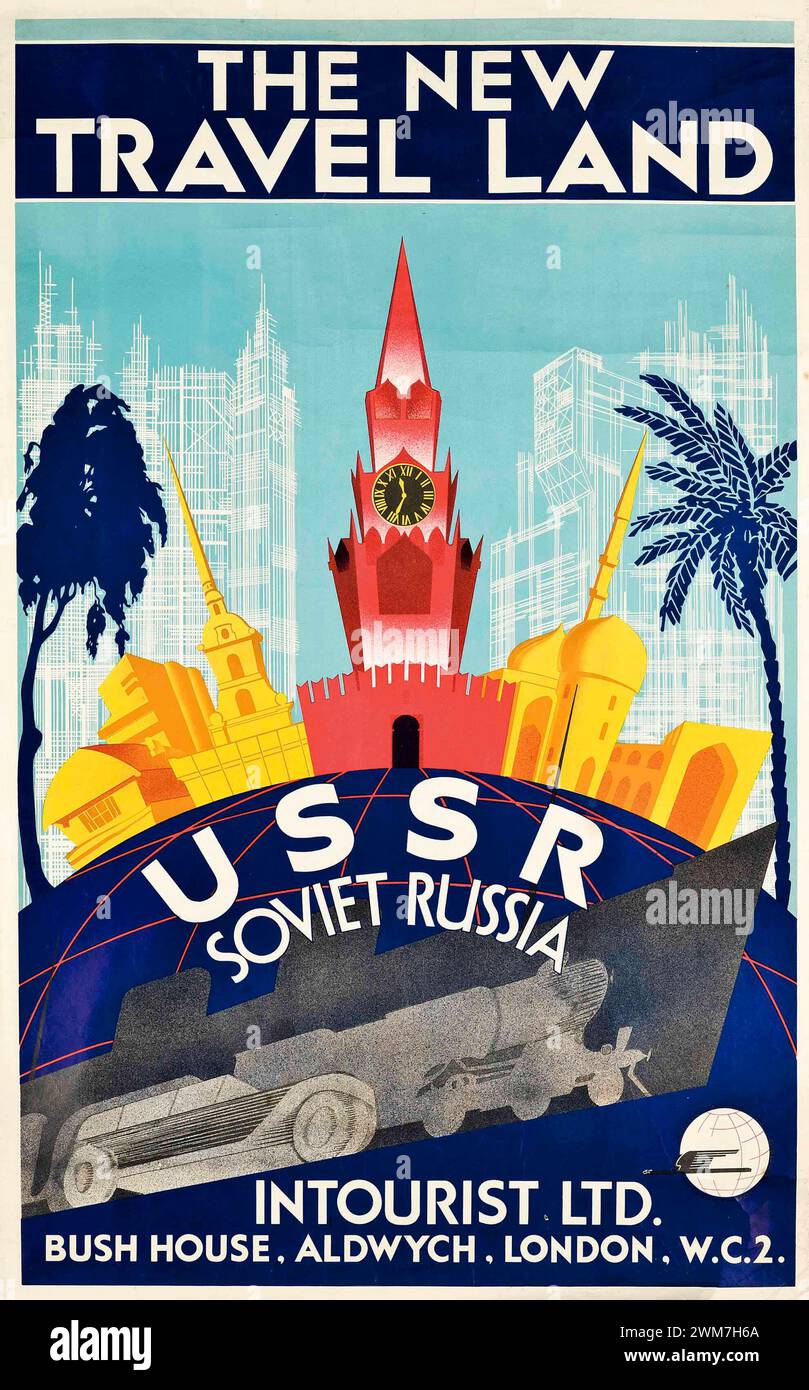 Poster da viaggio vintage. "La nuova Terra di viaggio - URSS, Russia sovietica". Di Robert Fedor 1930S. Emesso da Intourist a Londra Foto Stock
