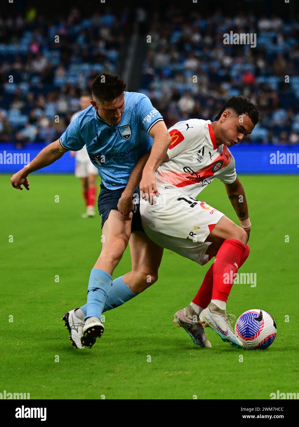 Parramatta, Australia. 24 febbraio 2024. Joseph Lolley (L) della squadra di Sydney FC e Vicente Felipe Fernández Godoy (R) del Melbourne City FC sono visti in azione durante il round 18 della stagione 2023/24 tra Sydney FC e Melbourne City FC tenutosi al CommBank Stadium. Punteggio finale; Sydney FC 1:1 Melbourne City FC. (Foto di Luis Veniegra/SOPA Images/Sipa USA) credito: SIPA USA/Alamy Live News Foto Stock