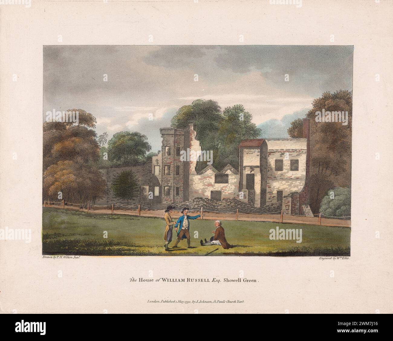 "The House of William Russell Esq Showell Green" da vedute delle rovine delle case principali distrutte durante le rivolte a Birmingham, acquatints colorate a mano, Book Plate art. Inciso: William Ellis artista Philip Henry Witton. 1792 Foto Stock