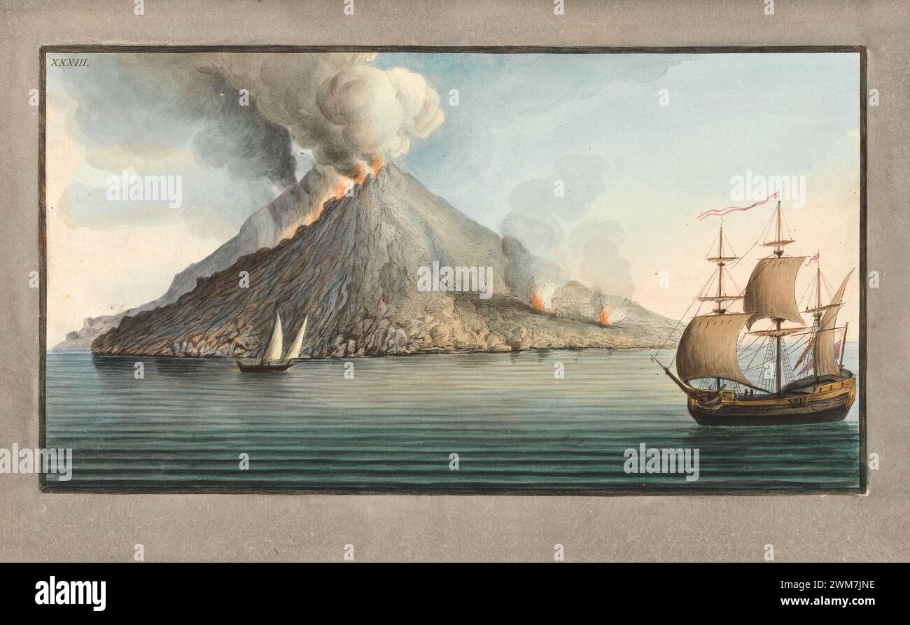 "L'isola di Stromboli, fumo che erutta dalla sua cima". Illustrazioni di Peter Fabris per Sir William Hamilton , targa XXXVII da campi Phlegraei. Osservazioni sui vulcani delle due Sicilie, Napoli, 1776, incisione colorata a mano, Foto Stock