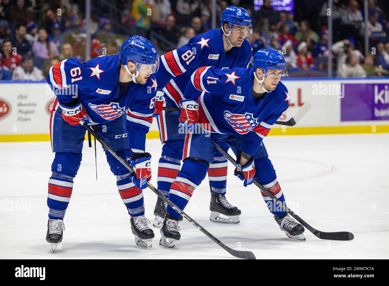 21 febbraio 2024: I giocatori dei Rochester Americans pattinano nel primo periodo contro i Belleville Senators. I Rochester Americans ospitarono i Belleville Senators in una partita della American Hockey League alla Blue Cross Arena di Rochester, New York. (Jonathan tenca/CSM) Foto Stock