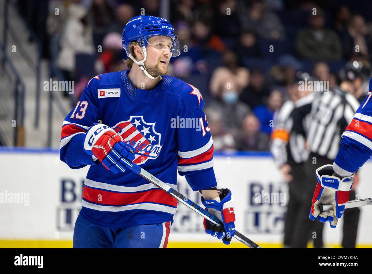 21 febbraio 2024: I Rochester Americans Linus Weissback (13) pattinano nel primo periodo contro i Belleville Senators. I Rochester Americans ospitarono i Belleville Senators in una partita della American Hockey League alla Blue Cross Arena di Rochester, New York. (Jonathan tenca/CSM) Foto Stock
