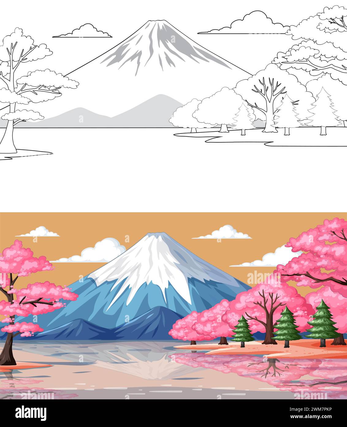 Illustrazione vettoriale di una montagna con alberi in fiore Illustrazione Vettoriale