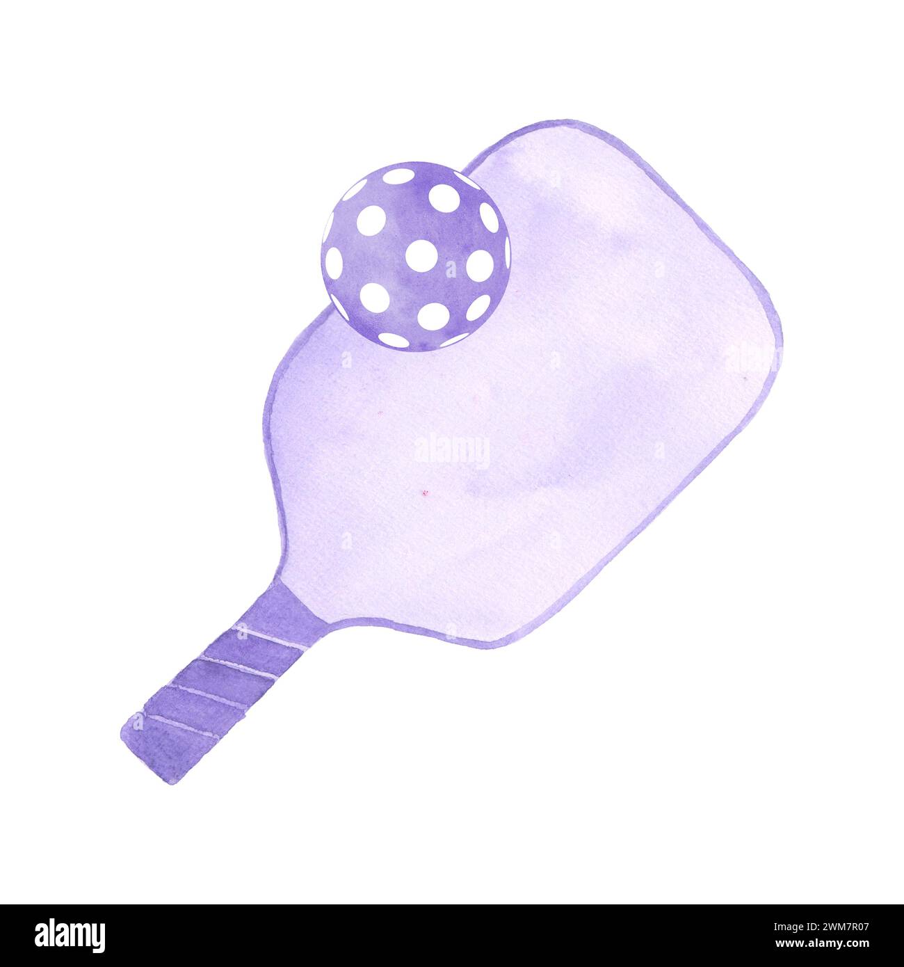 Palla e racchetta, equipaggiamento del gioco moderno Pickleball. Acquerello viola forme geometriche grunge disegnate a mano isolate su sfondo bianco. Acquerello p Foto Stock