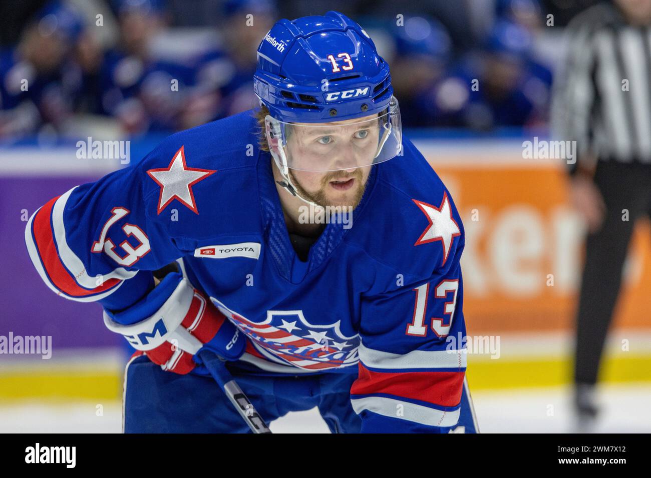 21 febbraio 2024: Linus Weissbach (13), attaccante dei Rochester Americans, pattina il secondo periodo contro i Belleville Senators. I Rochester Americans ospitarono i Belleville Senators in una partita della American Hockey League alla Blue Cross Arena di Rochester, New York. (Jonathan tenca/CSM) Foto Stock